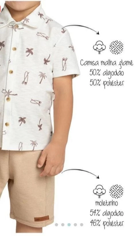 Conjunto Camisa Infantil Menino Tropical Marlan Off White - 2 anos