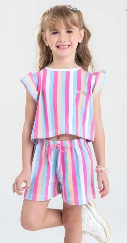 Conjunto Cropped Infantil Verão Feminino Listras - Listrado