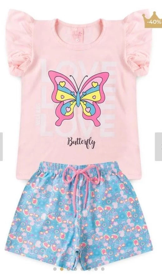 Conjunto Infantil Verão Feminino Butterfly - Rosa
