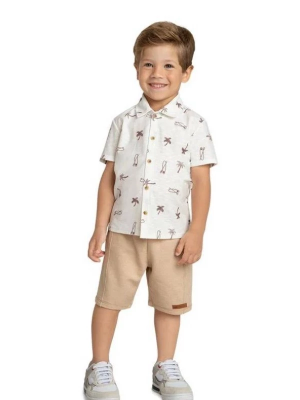 Conjunto Camisa Infantil Menino Tropical Marlan Off White - 2 anos