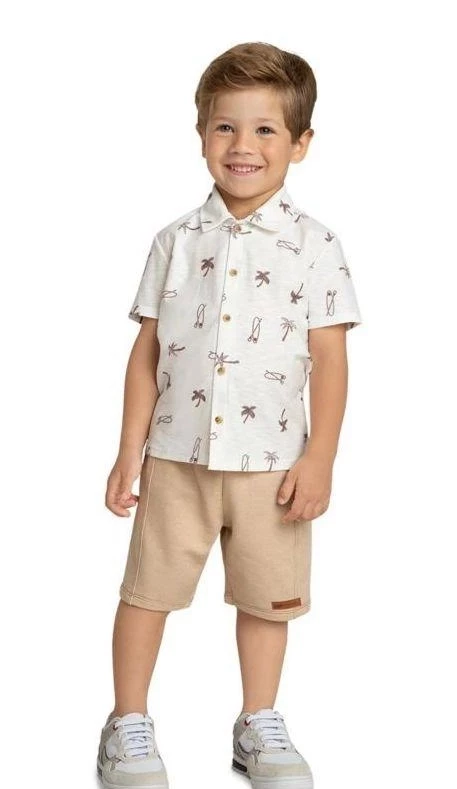 Conjunto Camisa Infantil Menino Tropical Marlan Off White - 2 anos
